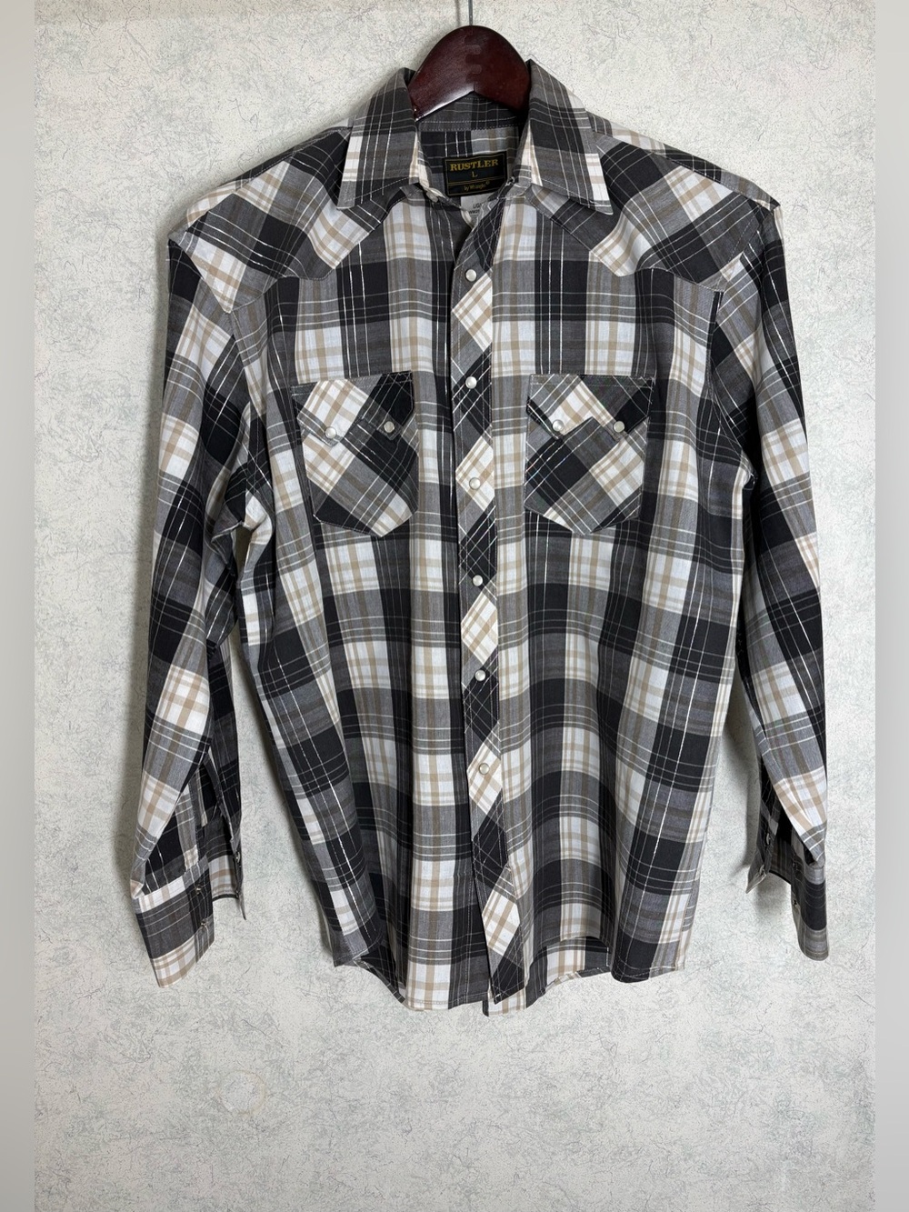 Rustler by Wrangler•Western•Shirt•Pearl Snaps• Longsleeve•L•Silver•Plaid•EUC